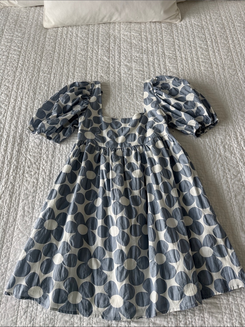 Altar'd State Blue and White Polka Floral Puff-Sleeve Dress cute bow tie back